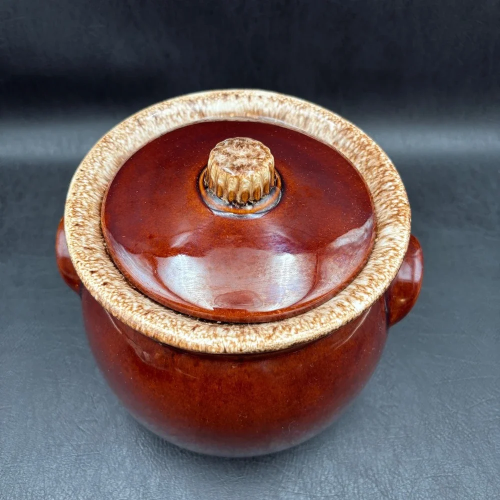 Vintage Hull Pottery Mirror Brown Drip Glaze Bean Pot with Lid Oven Proof USA